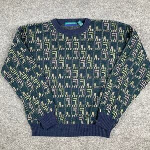 Claybrooke Sweater Mens Size L Navy Green Vintage Wool Blend Pattern Knit